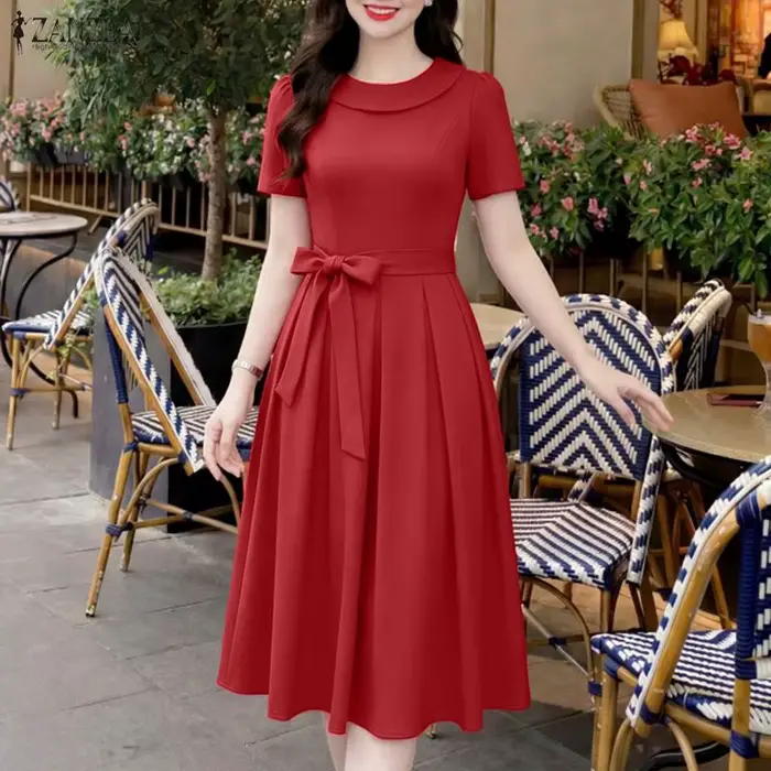 Robe d'été pour femme coupe A en polyester avec ceinture à lacets col rond et fermeture éclair dos style bohème rétro
