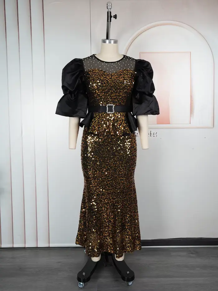 Robes de sirène de luxe à paillettes pour femmes, Robe longue de soirée de mariage, de bal, manches