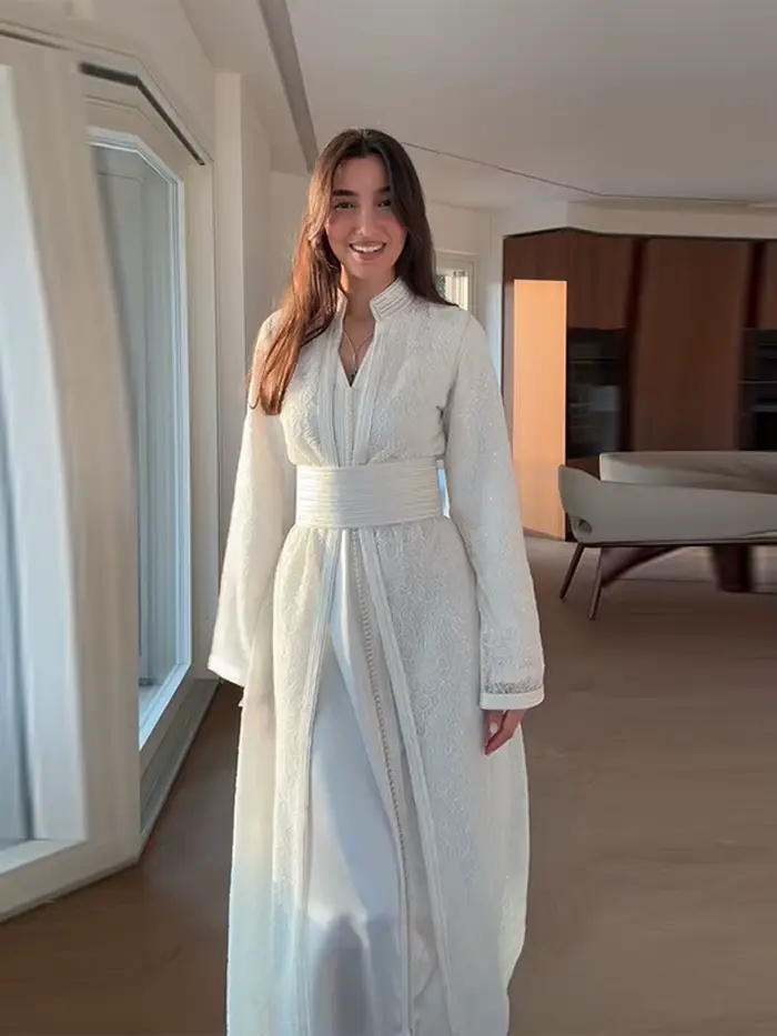Robe kaftan bohème polyester pour femme élégante et discrète longueur cheville manches longues col mi-haut double boutonnage occasions spéciales