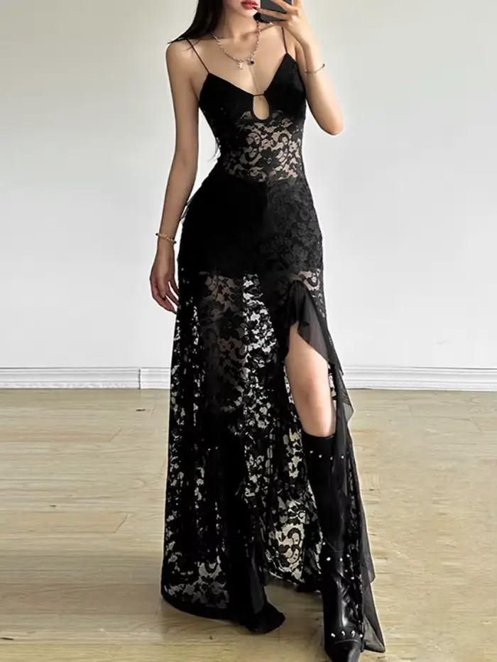Robes longues en dentelle noire unie pour femmes