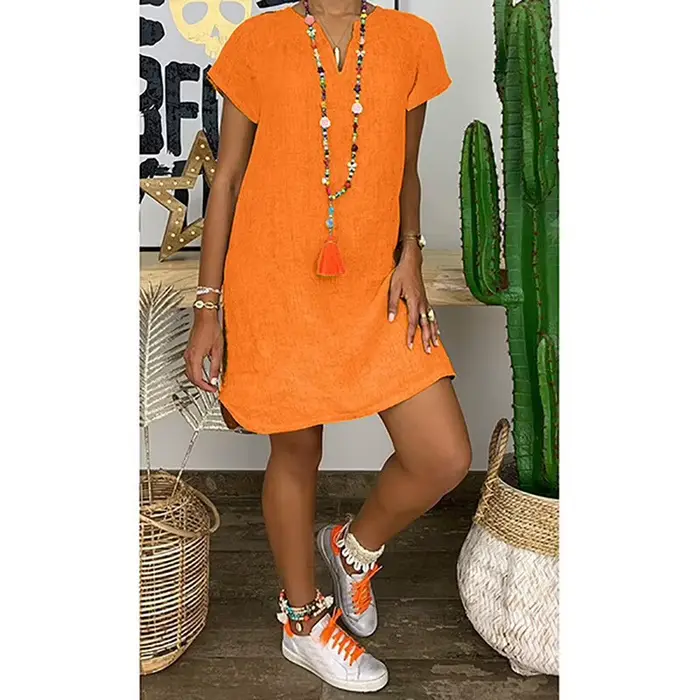 Robe de vacances d'été ample, couleur unie, manches courtes, col en v, vêtements pour femmes, blanc,