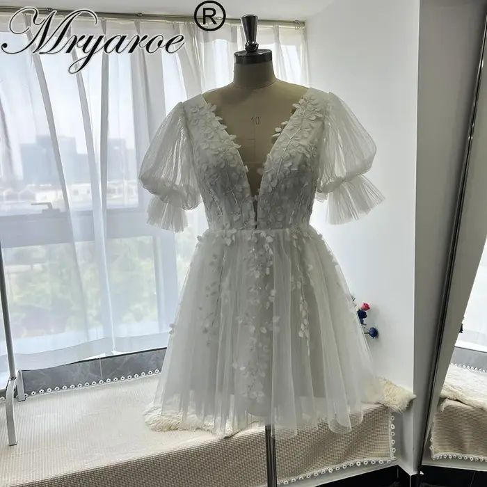 Mryarce Robe de mariée courte en tulle froncé avec manches bouffantes et dentelle