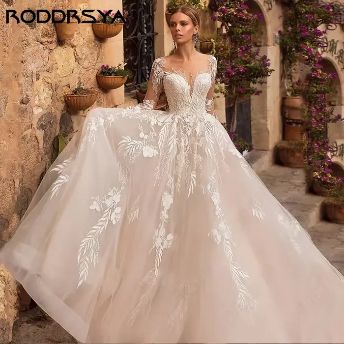 Robe de mariée RODDRSYA en polyester avec train balayage pour femmes exquises, décolleté en cuillère, manches longues, dos illusion, occasions spéciales