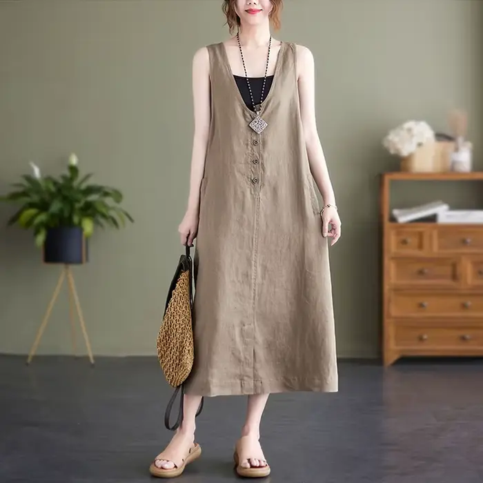 Nouvelle Robe Débardeur Femme Été Style Mori Girl Vintage Couleur Unie Coton Lin Col V Sans Manches Décontractée Ample Longueur Midi