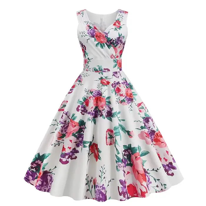 2025 nouvelle femme Vintage 50s 60s Hepburn Style rétro imprimé robe élégante sans manches col en V 