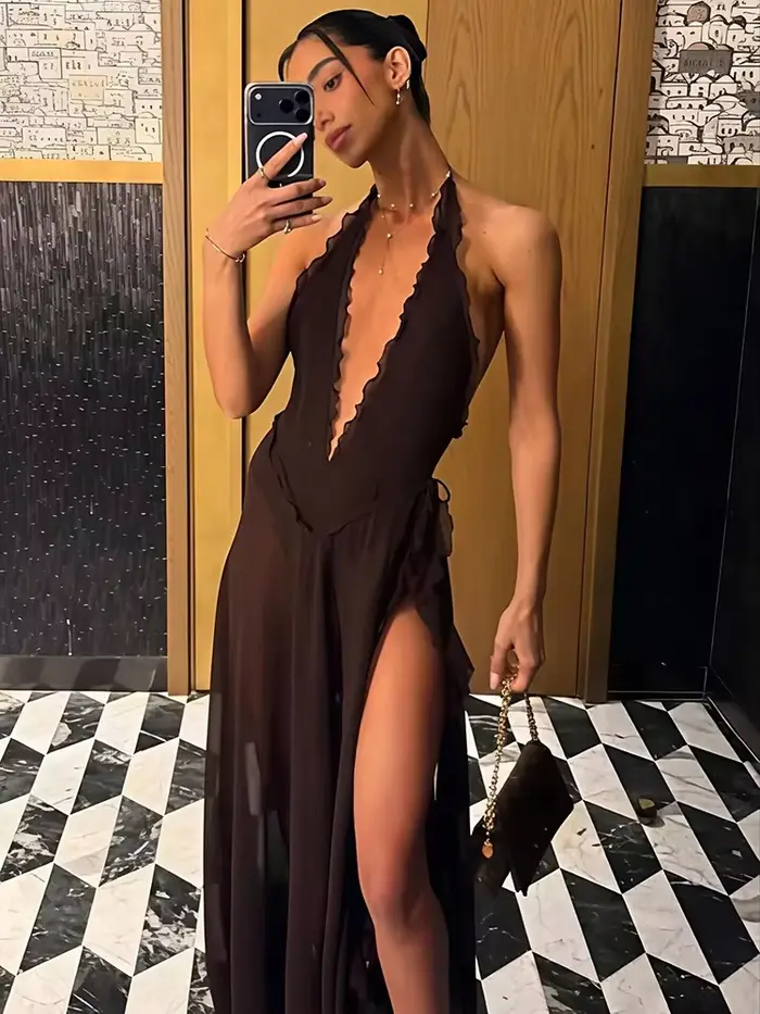 Robe longue sexy dos nu à col halter et décolleté plongeant pour femme, élégante, sans manches, épau
