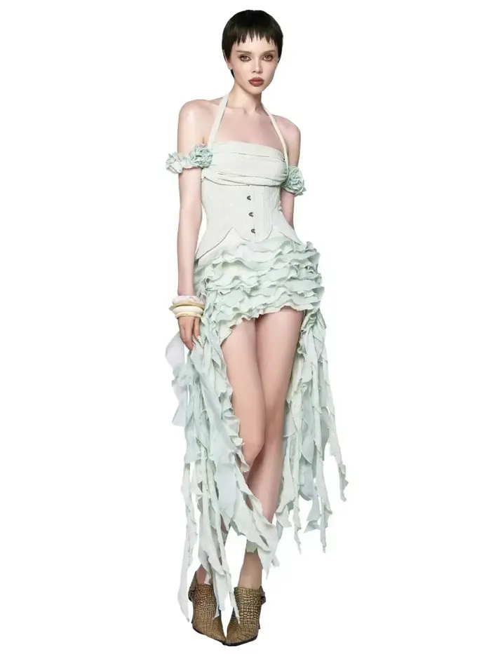 Robe drapée à volants pour femmes, ensemble trois pièces, sexy, collicou, pliable, haut Corset à lacets, short, costumes de fête, Cocktail occasions spéciales soirée événement formel