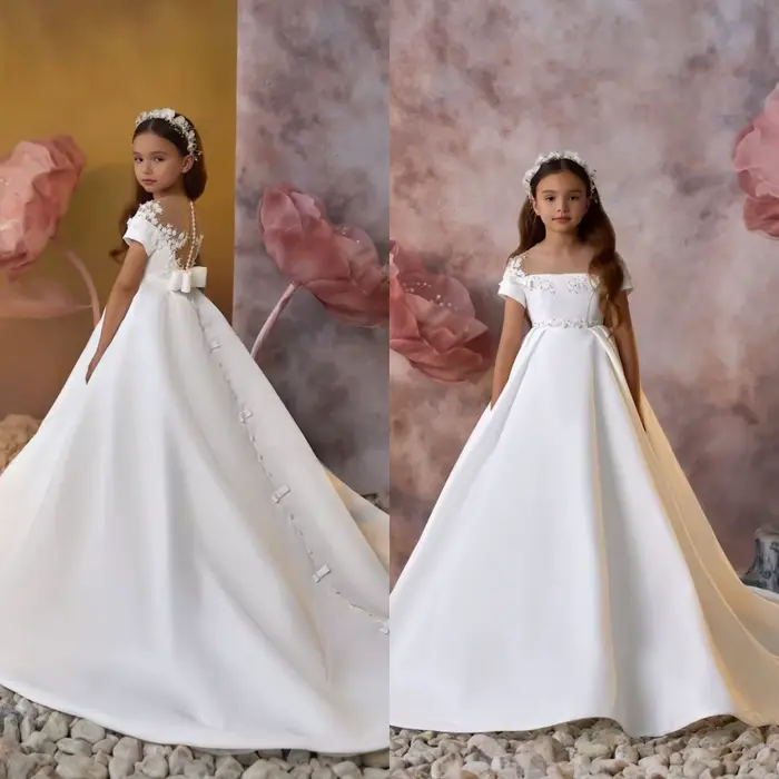 Robes de fille de fleur blanche pour mariage longueur de plancher en satin filles bébé