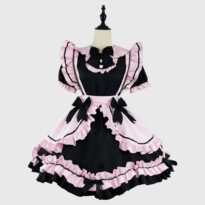Robe de demoiselle d'honneur Lolita noire et rose avec nœud chat et dentelle, ensemble complet, thèm