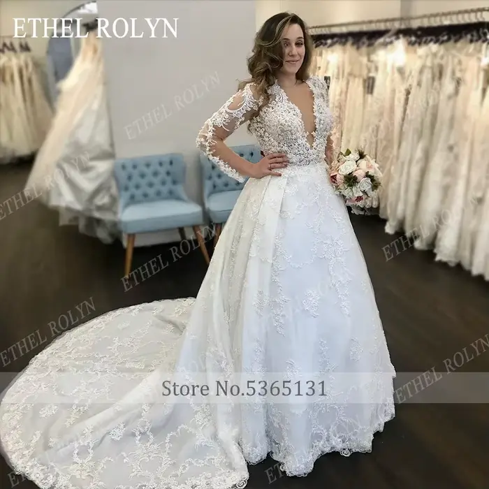 ETHEL ROLYN robes De mariée De luxe pour les femmes perlée dentelle Appliques Sexy col en v profond princesse