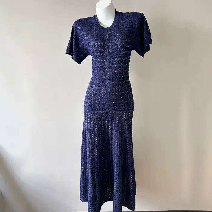 Nouvelle Robe de Soirée Chic 2026 Été Manches Courtes Luxe Bleu Marine Tricot Tweed Coupe Sirène Lon