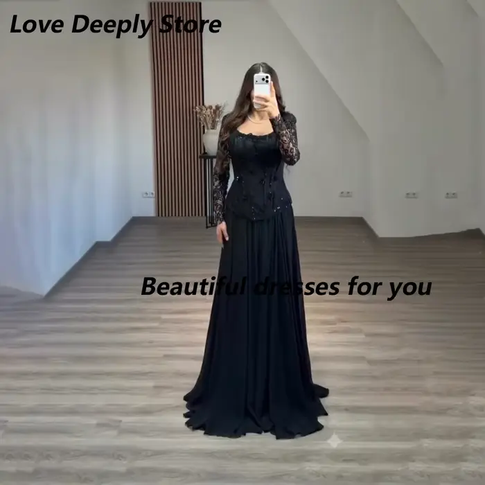 Robe de soirée noire personnalisée pour mariage, col carré, dentelle, manches longues, perles, fronc
