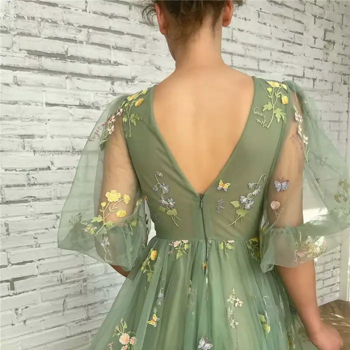 Robes De Bal vert Sexy col en v profond manches bouffantes dentelle broderie Tulle Robe De Soirée formelle élégante