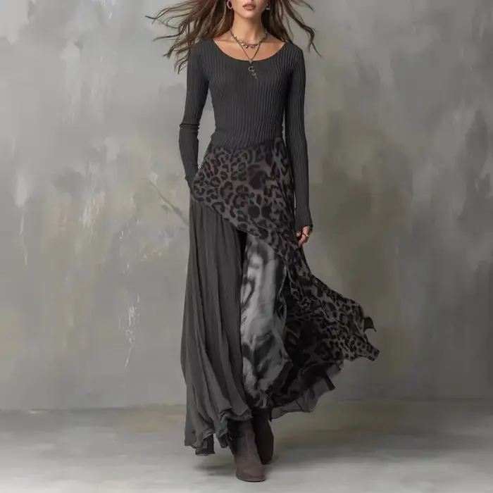 Robe longue élégante pour femme à imprimé léopard et empiècements, taille haute, pour soirées, printemps-automne, à manches longues et volants, style maxi occasions spéciales