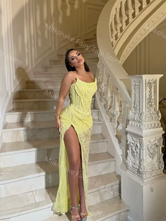Robe de soirée sirène jaune avec dentelle scintillante et perles pour femmes, idéale pour les soirées officielles et les événements spéciaux