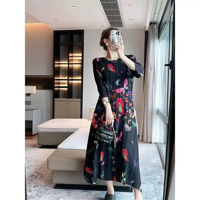 Miyake robe longue plissée robes de soirée imprimé femme été plissé Joker mode léger luxe élégant dames Style