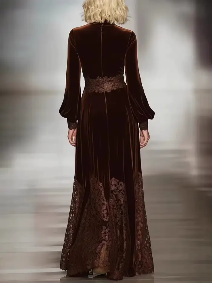 Robe longue en velours vintage élégante avec ourlet en dentelle pour femmes, style ligne U, pour soirées et événements printemps automne
