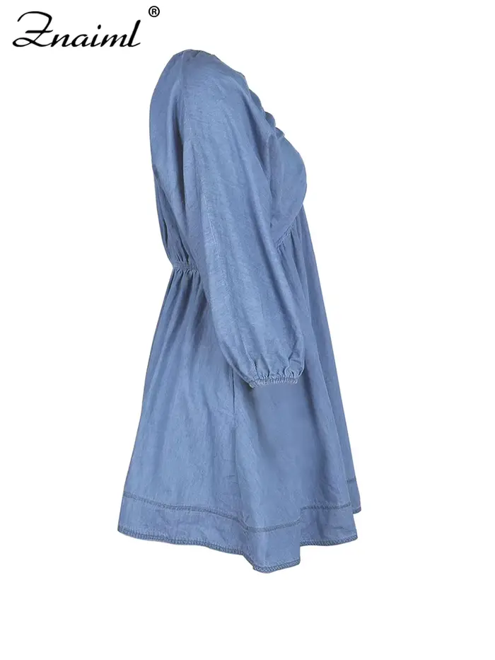 Robe en jean bleu clair Znaiml col en V manches bouffantes volants mini-robe pour femmes style de rue été automne sorties décontractées plage vacances