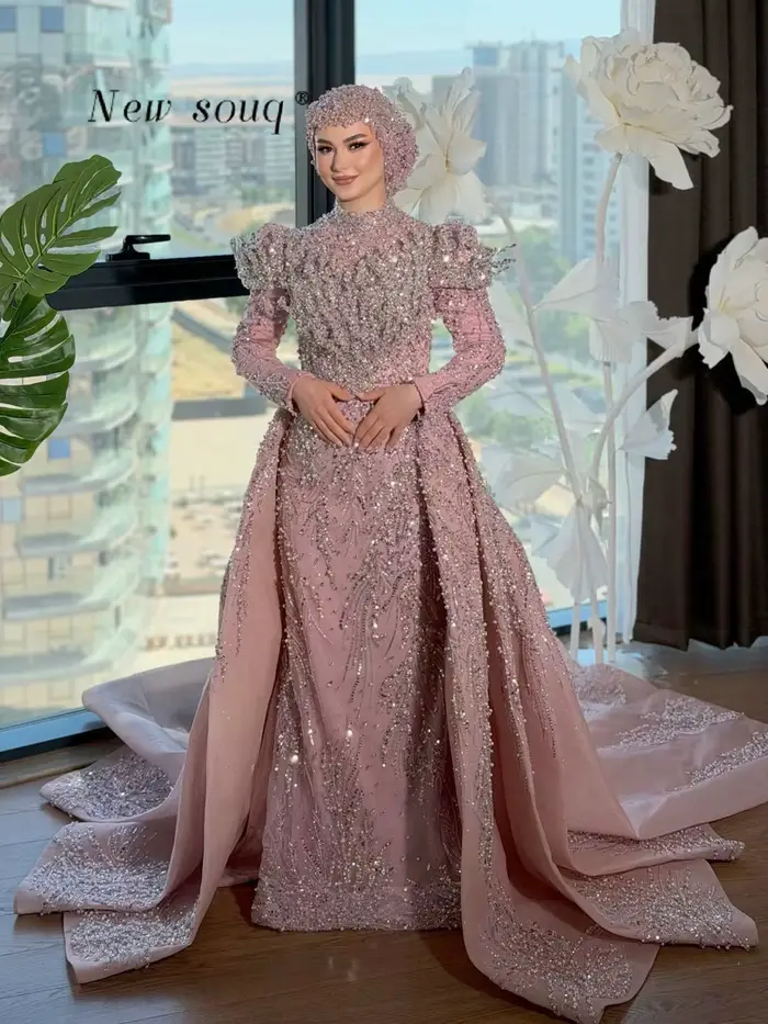 Robes de soirée de luxe roses du Moyen-Orient à manches longues pour mariages et bals de promo