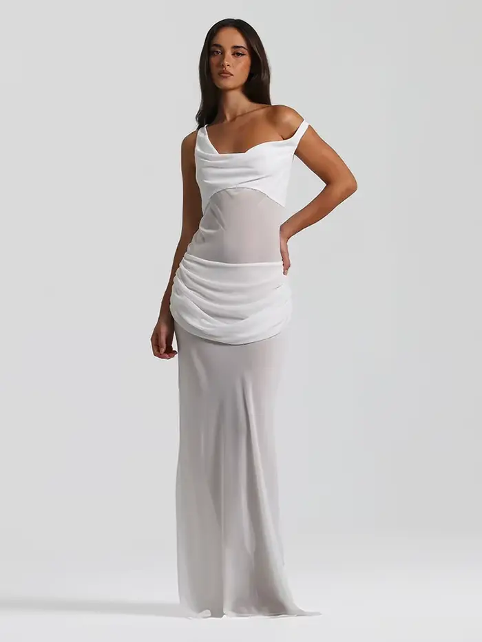 Robe de soirée blanche élégante, asymétrique épaule dénudée, drapée, pour événements formels, robe d'été, à la mode, sans manches, robe de mariée