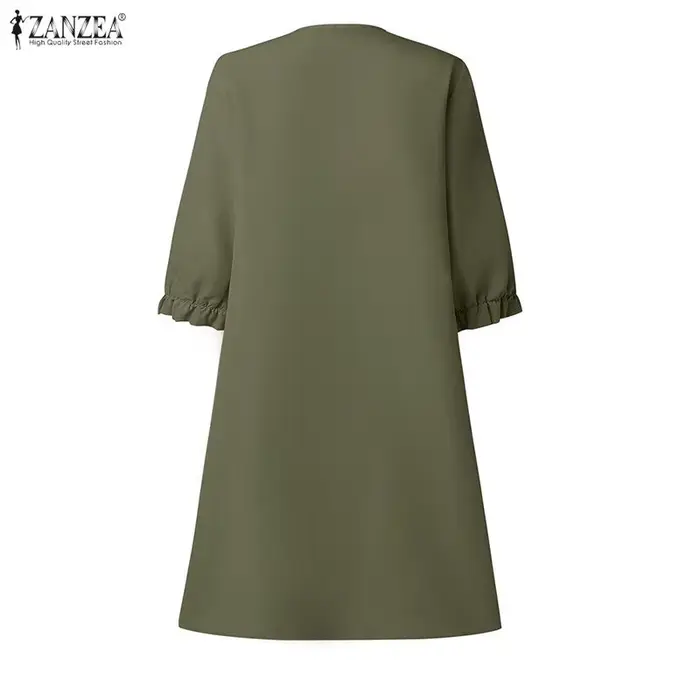 Robe décontractée ZANZEA minimaliste avec volants en cascade pour femmes, col en V, polyester fin, longueur aux genoux, manches trois quarts, printemps été 2026