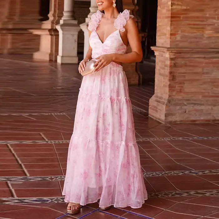 Robe longue plissée à bretelles pour femme