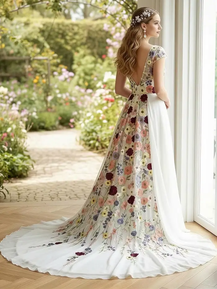 Robe de mariée bohème chic personnalisée en polyester avec broderies florales colorées, train de balayage/brosse, col en V et soutien-gorge intégré pour femmes grandes occasions spéciales