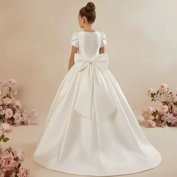 Robe de demoiselle d'honneur blanche pour mariage avec nœud en satin