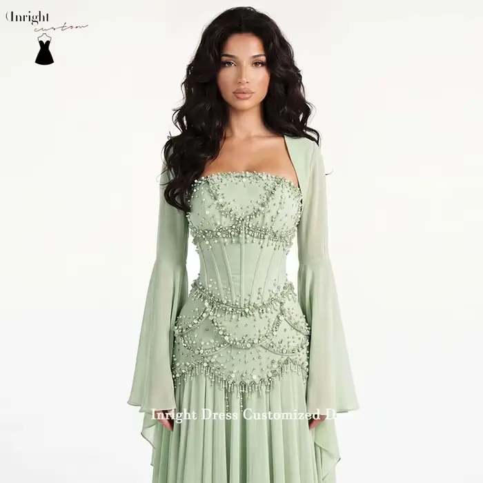 Robes de bal personnalisées Inright à manches longues, sans bretelles, longueur ras du sol, plissées, avec perles, robes de soirée, robes de fête formelles