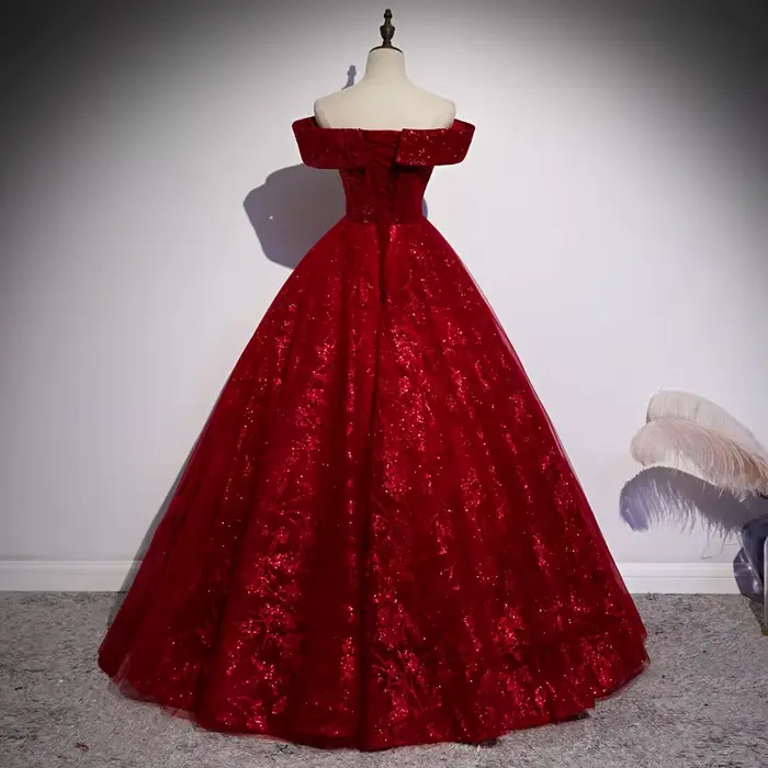 Robe de Soirée Rouge en Tulle à Paillettes pour Femme