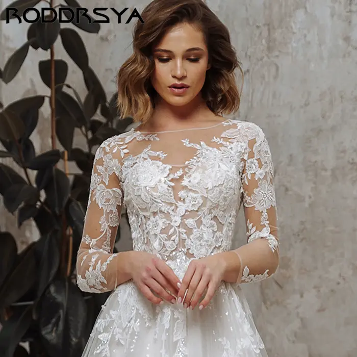 RODDRSYA Robe de mariée bohème coupe A appliques tulle illusion