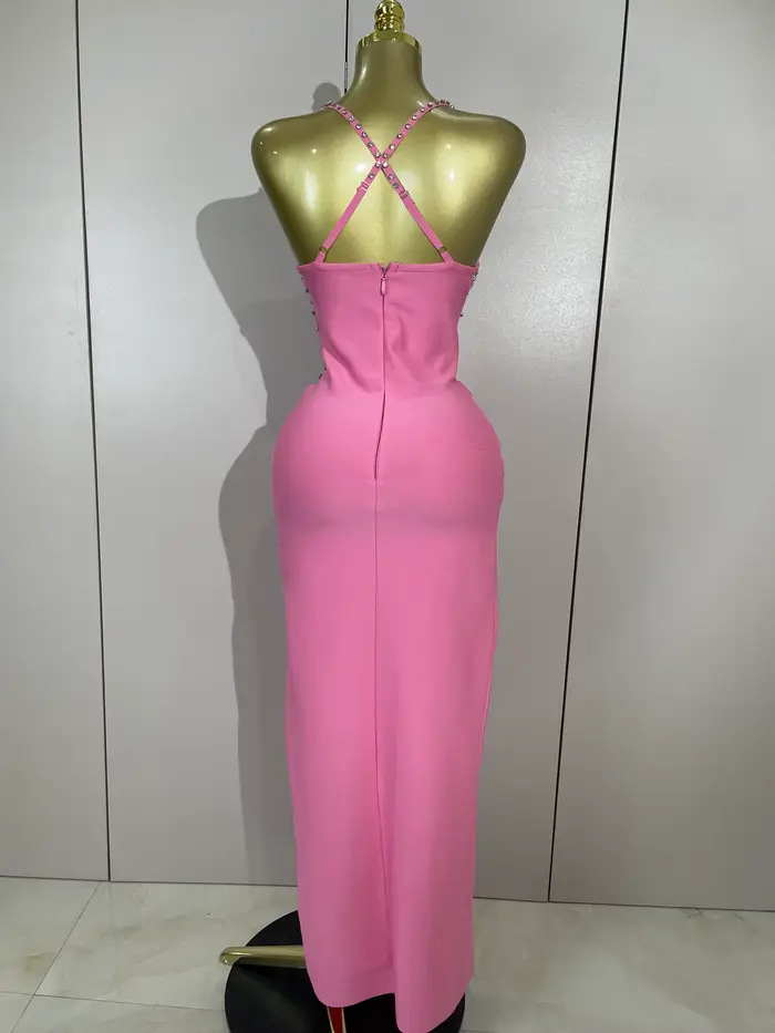 Robe à bandes rose, élégante, Sexy, dos nu, moulante, sans manches, pour femmes, bal, Club, soirée,