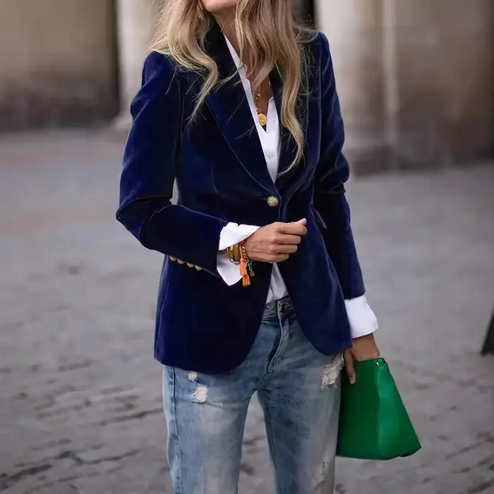 Blazer de soirée formel en velours grande taille pour femme, coupe ajustée, revers pointus, élégant pour mariage ou bureau