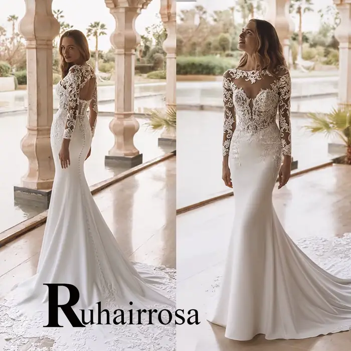 Ruhair charmante trompette robes de mariée pour mariée dentelle Appliques col rond sans manches bout