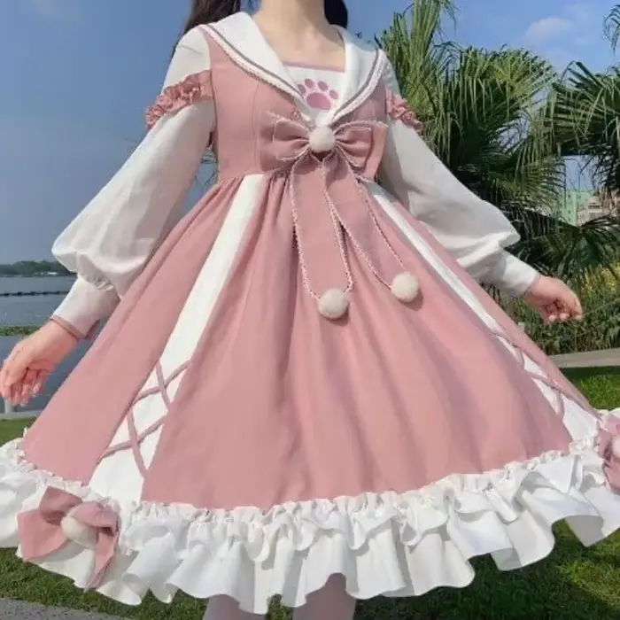 Robe Lolita bleue surdimensionnée pour femmes, col marin, nœud, manches courtes, style décontracté, printemps été, occassions spéciales