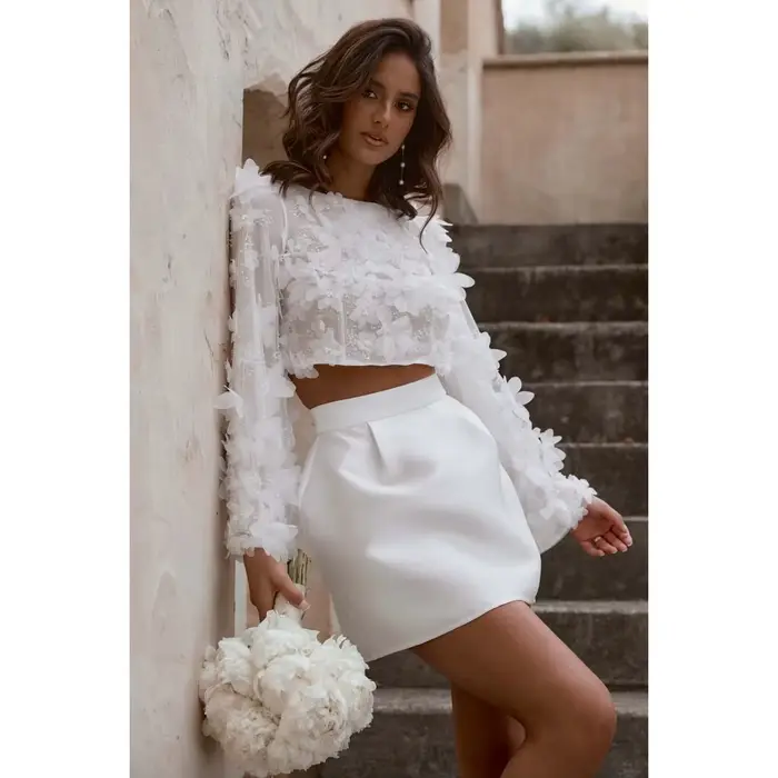 Robe De mariée courte faite à la main fleurs 3D dentelle manches longues robes De mariée robes De No