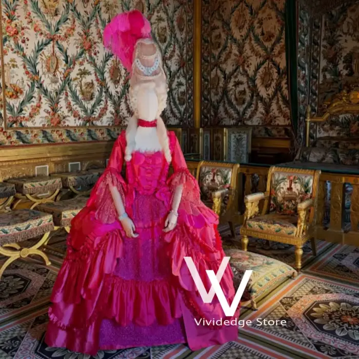 Robe de bal victorienne rococo rose foncé à col carré, manches cloche, bordure en dentelle, coupe tr