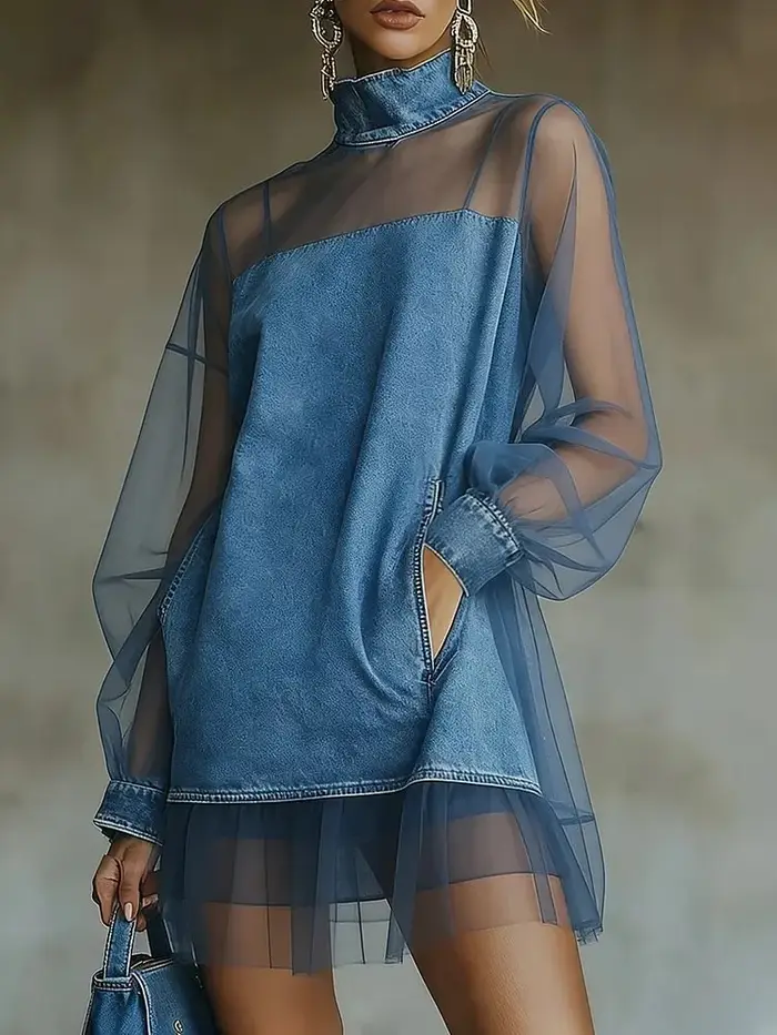 Robe courte en jean pour femme col roulé tendance manches longues en tulle transparent soirée chic quotidienne occasionnels élégante à offrir
