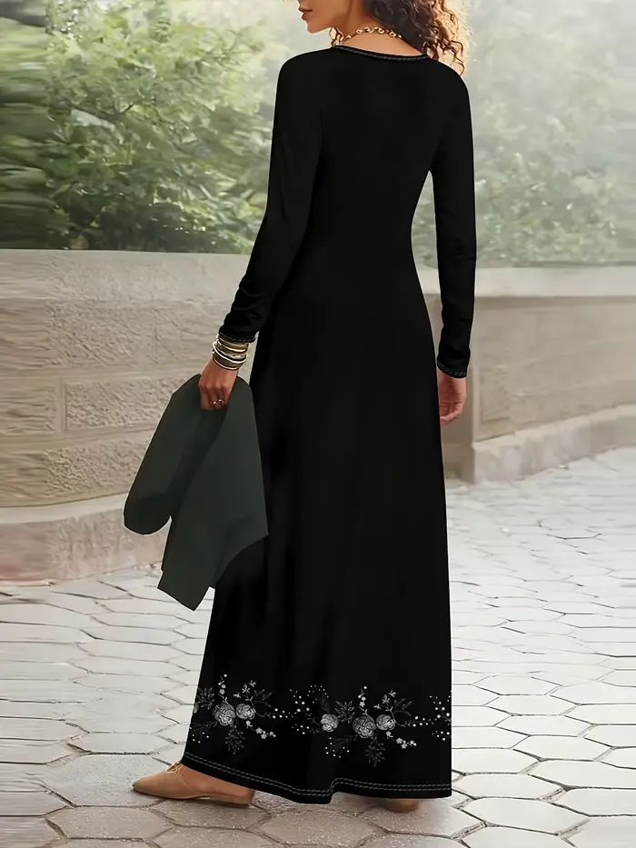 Robe noire imprimée floral élégante pour femmes décontractée pour occasions spéciales printemps automne