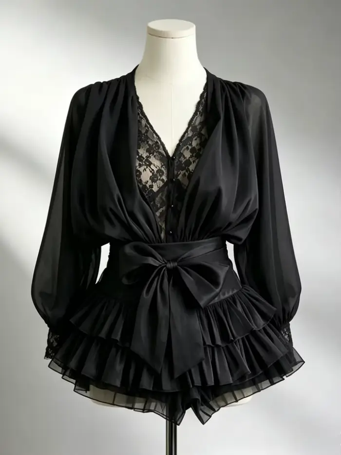 Robe élégante vintage noire en mousseline de soie à manches longues et col en V pour femme