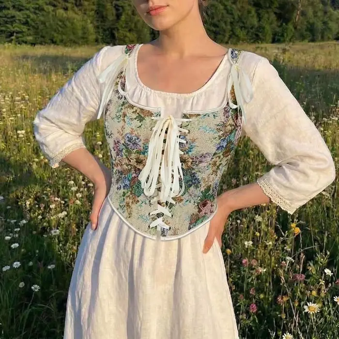 Corsage Cottagecore Vintage Victorien Floral Marron, Haut Corset Renaissance à Lacets, corse Bustier