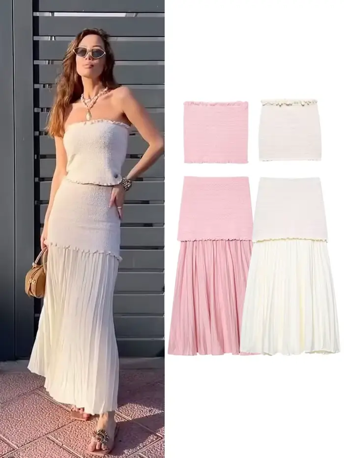 HH femmes jupe élégante costume Sexy sans manches dos nu tricoté Texture gilet court haut + Chic épissage plissé mince