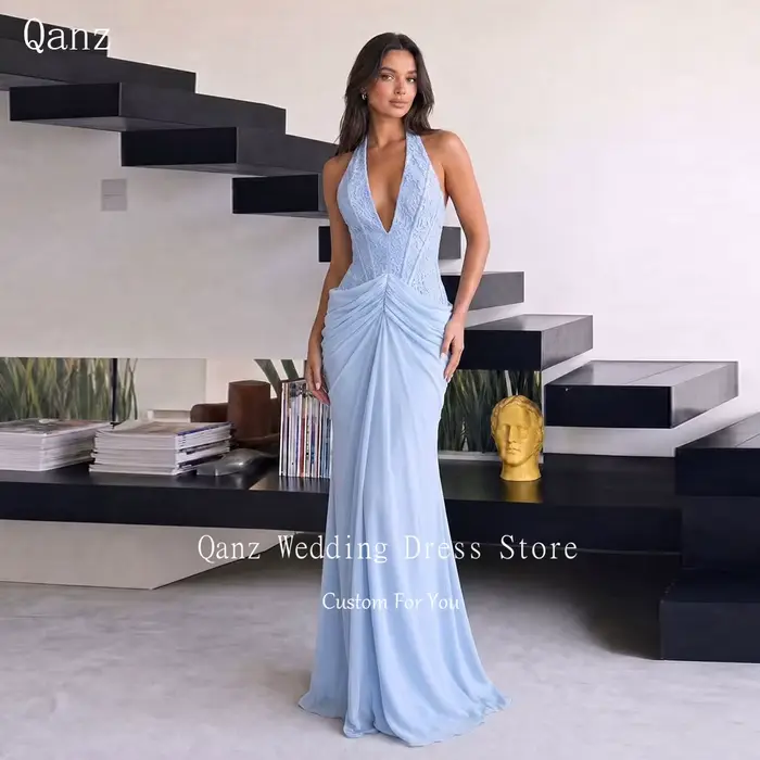 Robe de soirée en dentelle bleu claire style sirène avec soutien-gorge intégré pour femmes occasions formelles et luxueuses