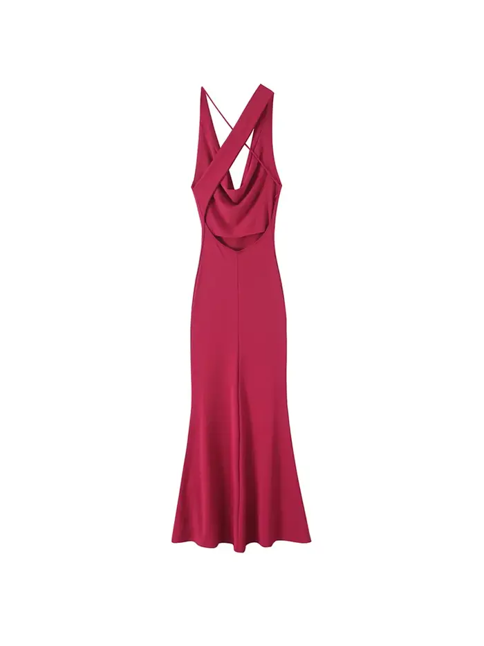 Robe longue asymétrique TRZA décontractée pour femmes occasions spéciales polyester rouge cheville