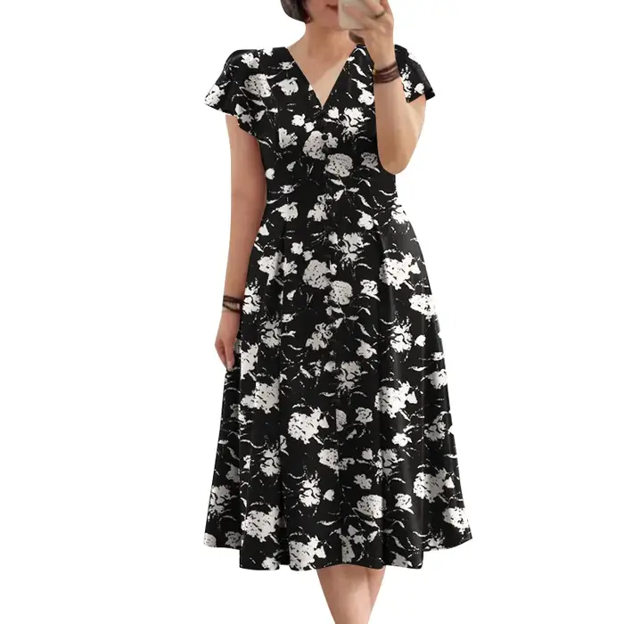 Femmes élégant OL travail Floral mi-mollet robe d'été ZANZEA mode été col en V à manches courtes