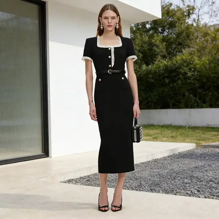 Robe de soirée noire pour occasions formelles, col carré, manches courtes, avec robes de bal ajustab