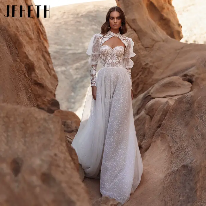 JEHETH Robe de Mariée Tulle Coupe A Col Cœur Veste Dentelle Amovible Col Haut Appliques Florales Paillettes Dos V Bas Traîne Chapelle Classique Shooting Désert Rocheux Bohème au Coucher de Soleil