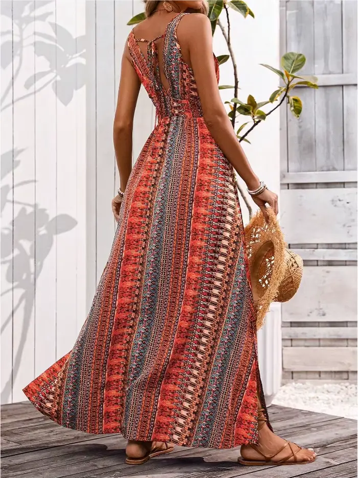 Robe de plage élégante pour femmes imprimée col en V sans manches longueur au sol pour les soirées estivales