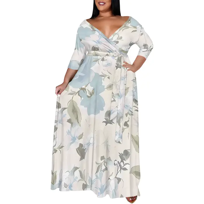 Robe longue florale pastel douce pour femmes printemps été élégante robe à manches longues ceinturée