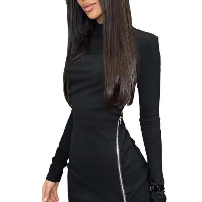 Robe fourreau femmes Sexy robes à manches longues mince côté fermeture éclair fendu dos nu haute rue printemps été robes courtes
